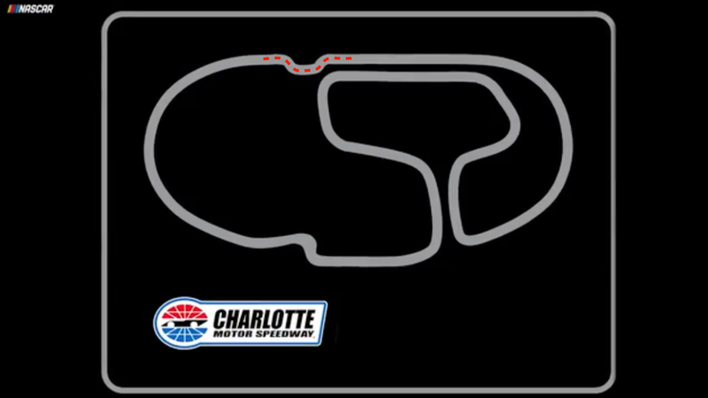 The roval layout for the Charlotte Motor Speedway race in September, with the chicane drivers kept cheating marked in red.